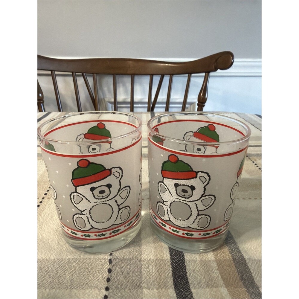 2 Vintage Libbey Holiday Lowball Tumbler Glasses Christmas Teddy Bear Frosted